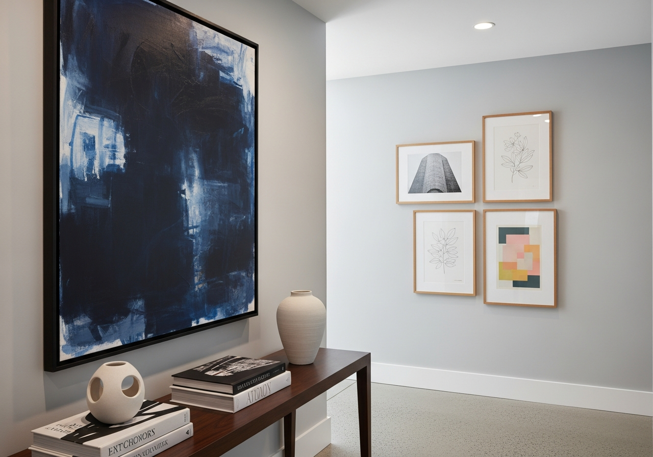 An asymmetrically balanced gallery wall in a stylish, modern hallway.